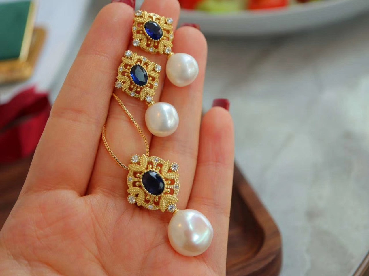 Baroque Dangle Pearl Necklace with Blue Oval Zicon, Gold Plated Sterling Silver