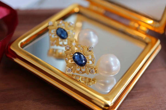 Baroque Dangle Pearl Necklace with Blue Oval Zicon, Gold Plated Sterling Silver