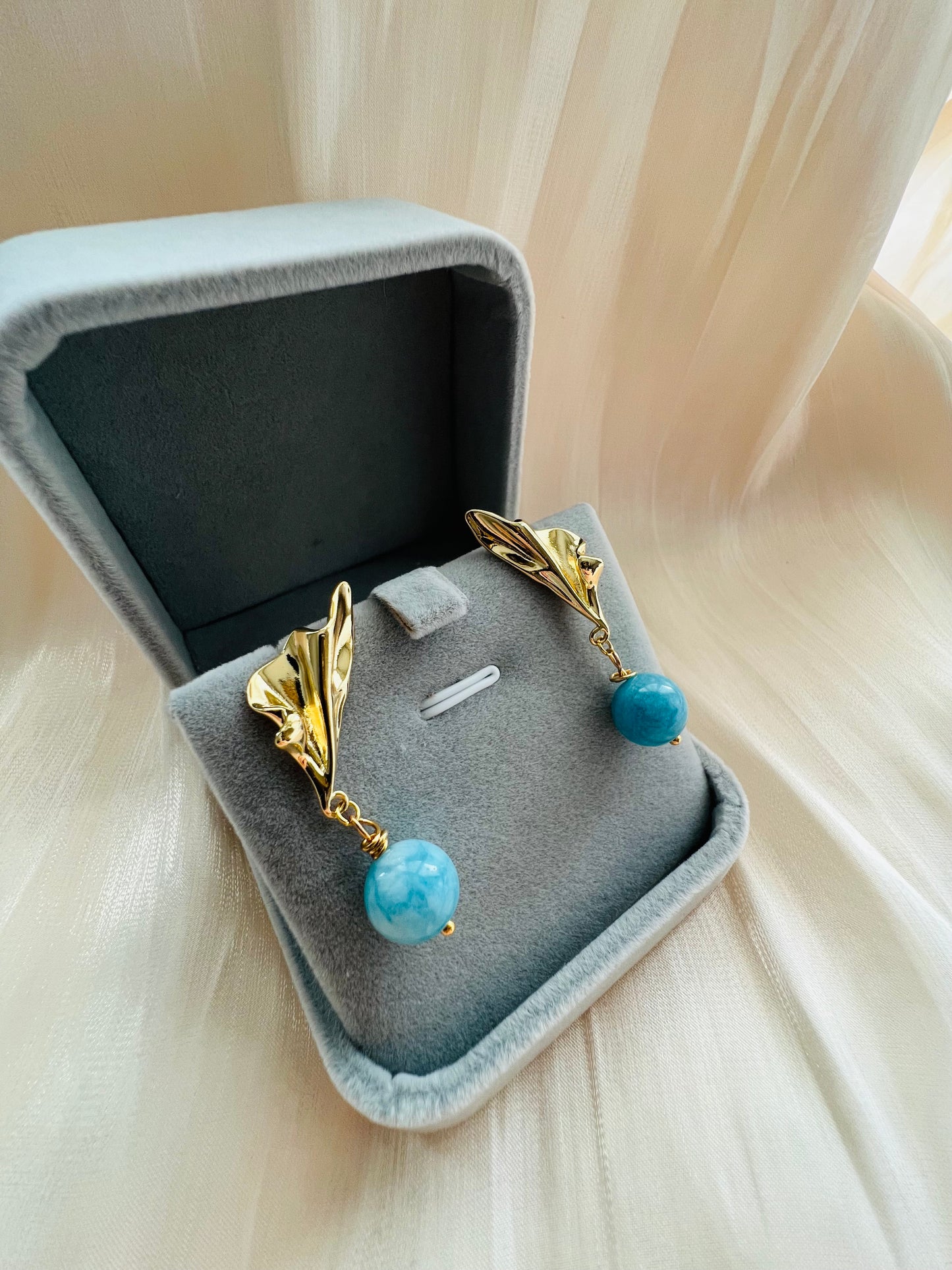 Handmade Natural Gemstone/ Real Crystal Earrings/Lapis Lazuli Stone Earrings/Aquamarine stone earrings/Water Ripples Earrings/