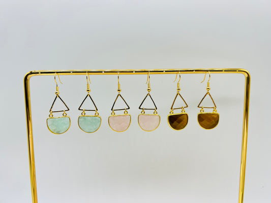 Handmade Nature Gemstone Earring/ Rose quartz earringS/Tiger's Eye Earrings/Tigerite Earrings/Fluorite Stone Earrings/Fan Eardrop