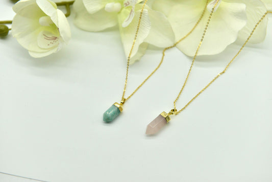 Handmade natural gemstone necklace/Rose quartz necklace/Amazonite necklace/Bullet shape necklace