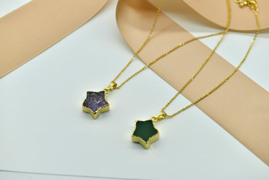 Handmade natural gemstone/Gilt star pendant necklace/Amethyst necklace / Green aventurine jade necklace