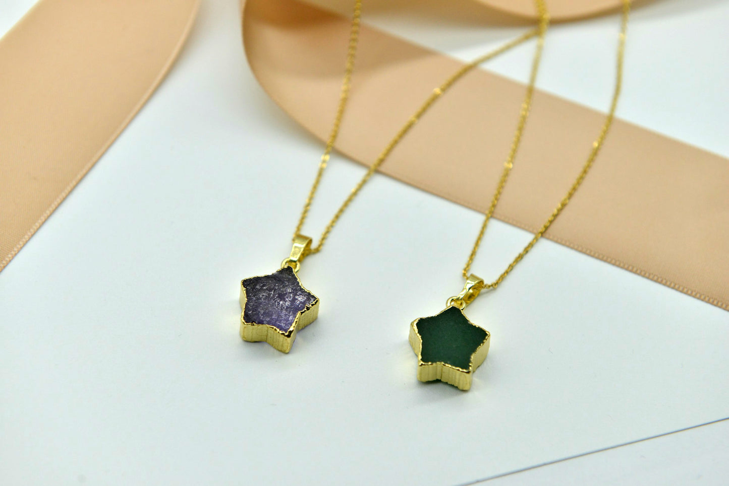 Handmade natural gemstone/Gilt star pendant necklace/Amethyst necklace / Green aventurine jade necklace