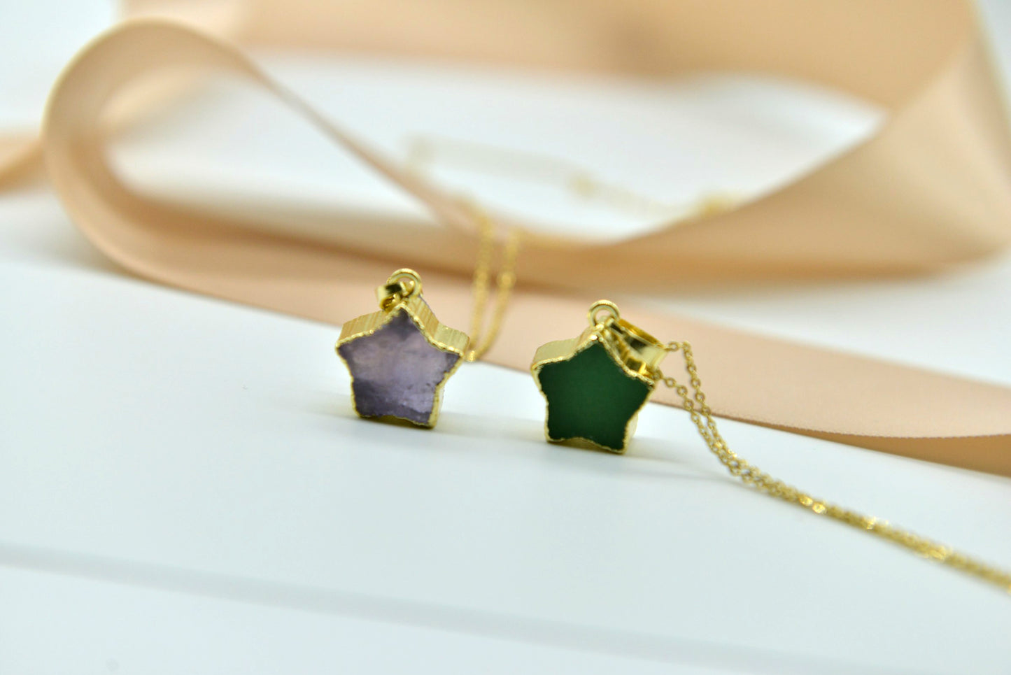 Handmade natural gemstone/Gilt star pendant necklace/Amethyst necklace / Green aventurine jade necklace
