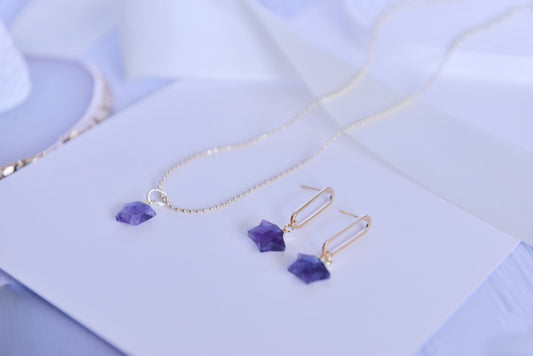 Handmade Natural Gemstone Jewelry Set/Real Crystal /Star Earring/ Amethyst Earring/Amethyst Necklace/