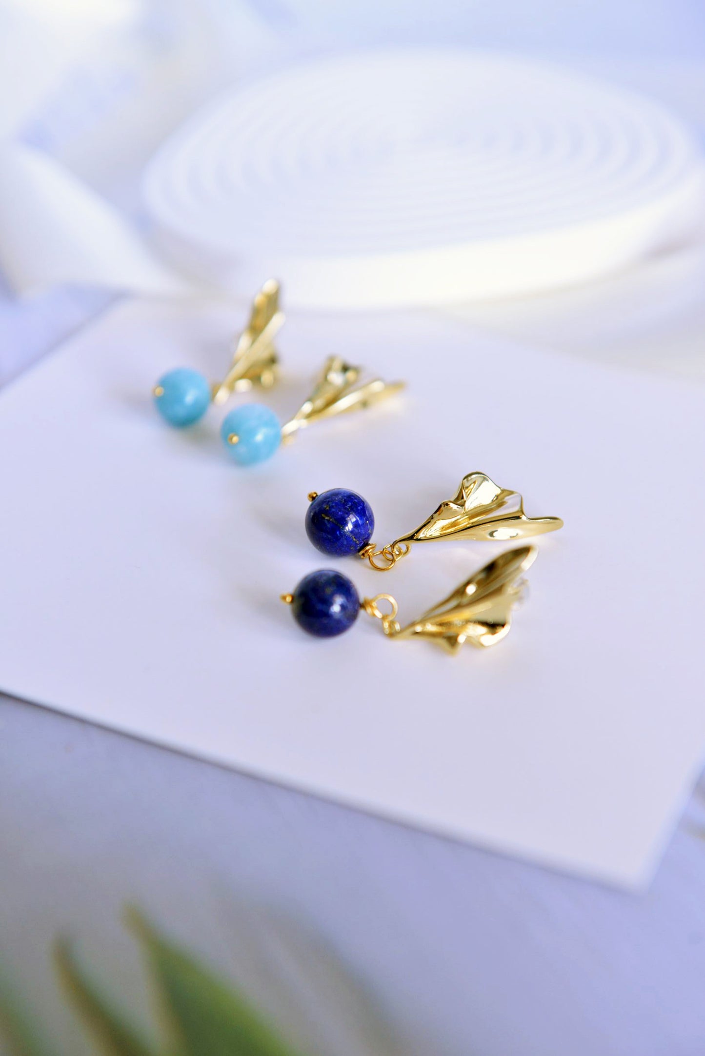 Handmade Natural Gemstone/ Real Crystal Earrings/Lapis Lazuli Stone Earrings/Aquamarine stone earrings/Water Ripples Earrings/