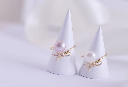 Handmade freshwater Pearl Ring/Minimalist Pearl Ring/Sterling Silver Ring/AA 8mm pearl/Cute Bow Tie Ring/Elegantly Purple &White Pearl Ring