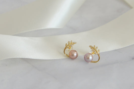 Natural Pearl on Olive Leaves Stud Earrings, 18K Gold Plated Sterling Silver, Pearls Wedding Earrings/Dainty Purple Pearls Earrings/