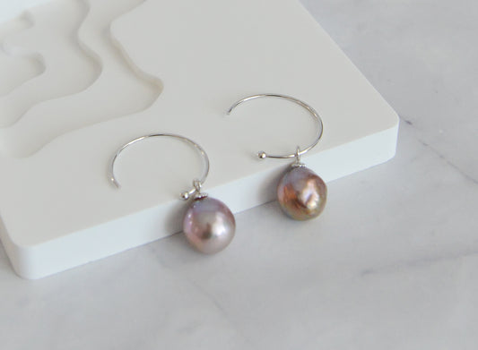 Handmade Baroque Pearl Drop Hoop Earrings/Natural Pearl 18K Gold Plated Sterling Silver Dangle & Drop Earrings /Irregular Purple Pearls