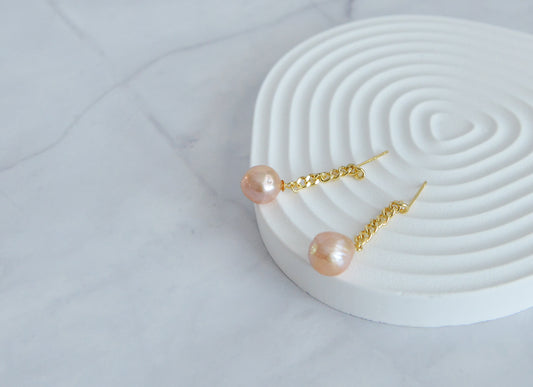 Handmade Natural Baroque Pearl Gold Chain Drop  Earrings/Dainty Orange Pearls sterling silver Earrings/