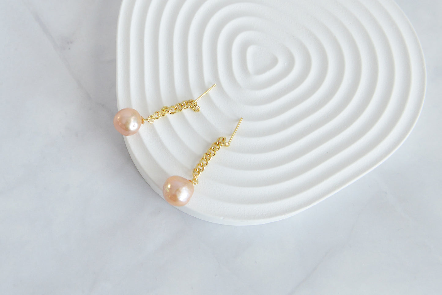 Handmade Natural Baroque Pearl Gold Chain Drop  Earrings/Dainty Orange Pearls sterling silver Earrings/
