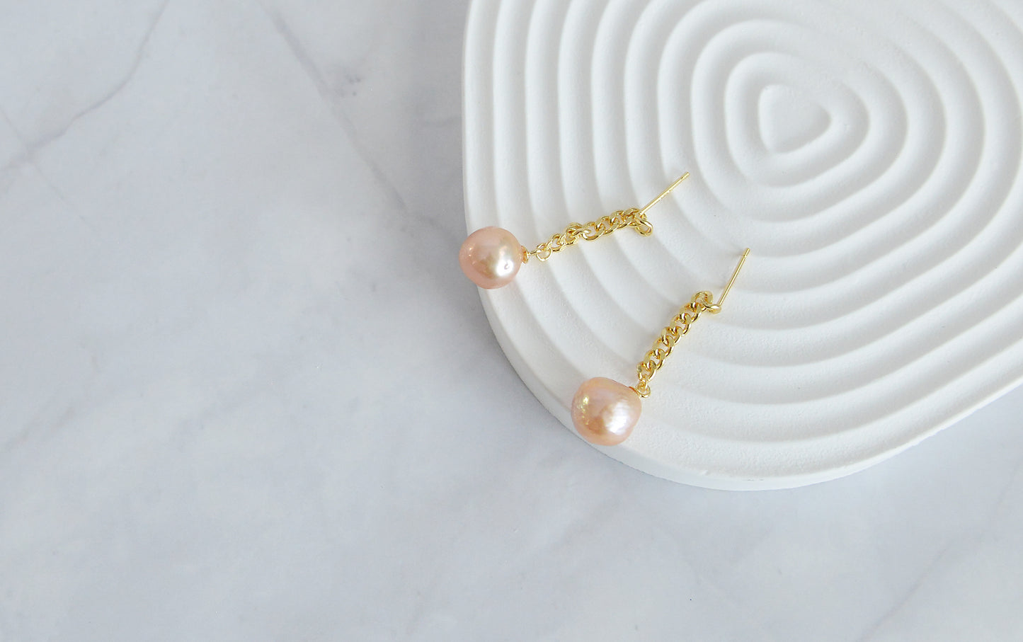 Handmade Natural Baroque Pearl Gold Chain Drop  Earrings/Dainty Orange Pearls sterling silver Earrings/