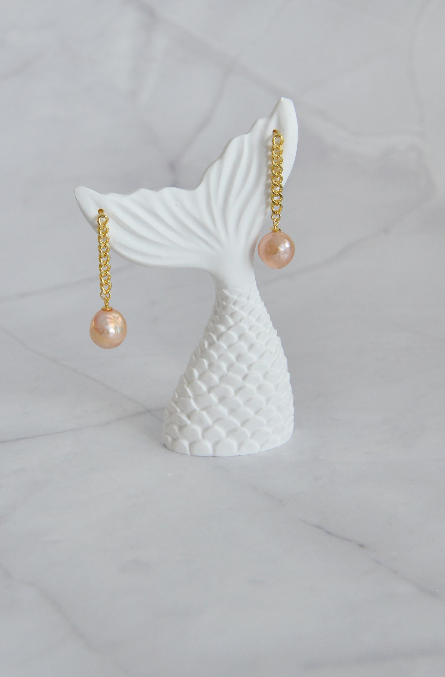 Handmade Natural Baroque Pearl Gold Chain Drop  Earrings/Dainty Orange Pearls sterling silver Earrings/