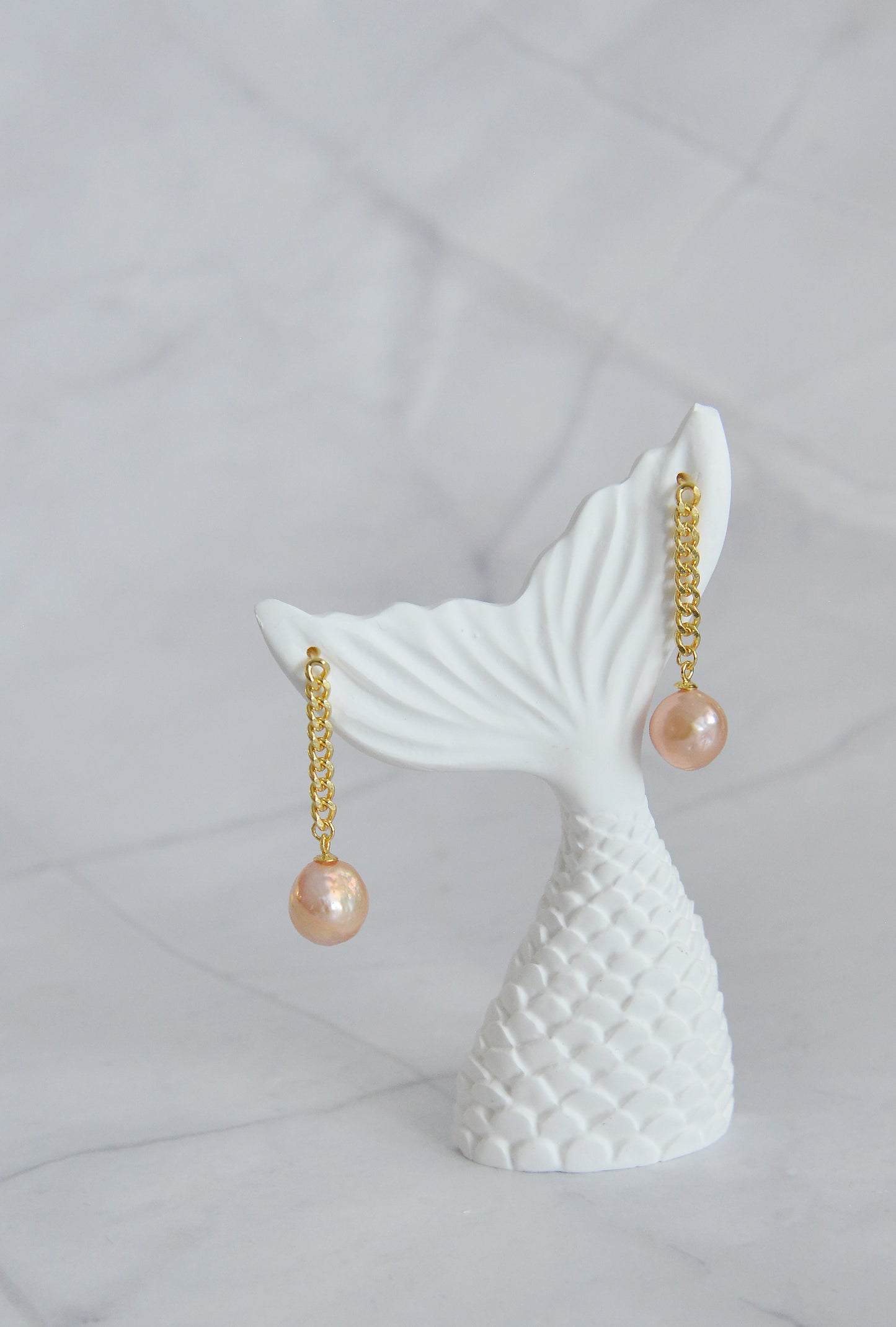 Handmade Natural Baroque Pearl Gold Chain Drop  Earrings/Dainty Orange Pearls sterling silver Earrings/