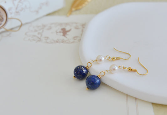 DIY Handmade natural gemstone earrings- lapis lazuli& Pearl Earrings