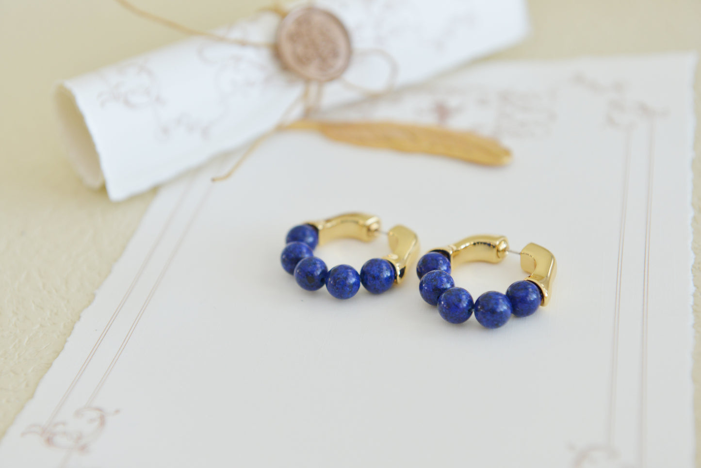 Handmade  Natural Gemstone/Lapis Lazuli Hoop Earrings/
