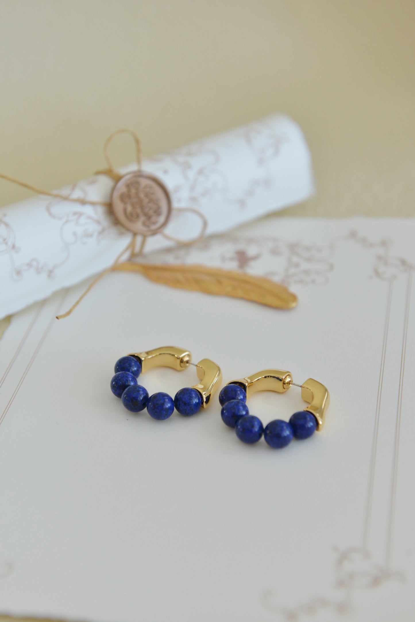 Handmade  Natural Gemstone/Lapis Lazuli Hoop Earrings/
