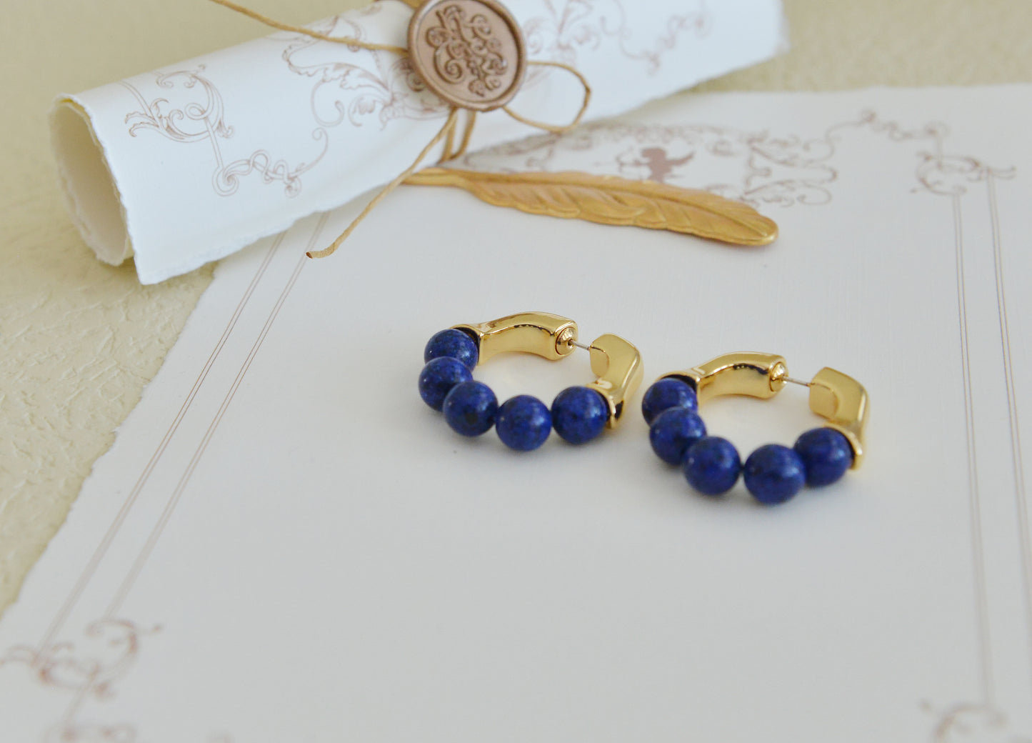 Handmade  Natural Gemstone/Lapis Lazuli Hoop Earrings/