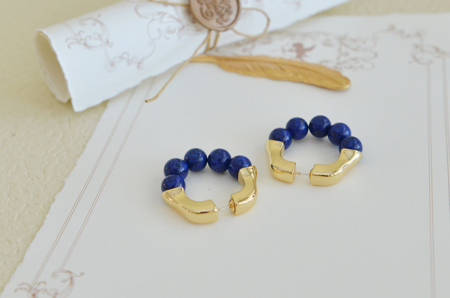 Handmade  Natural Gemstone/Lapis Lazuli Hoop Earrings/