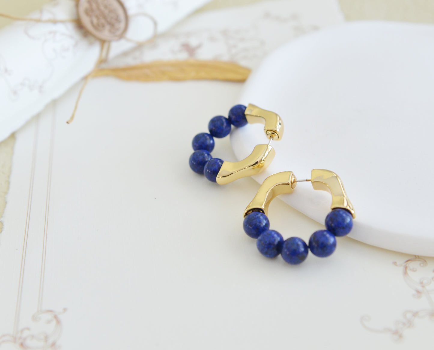Handmade  Natural Gemstone/Lapis Lazuli Hoop Earrings/