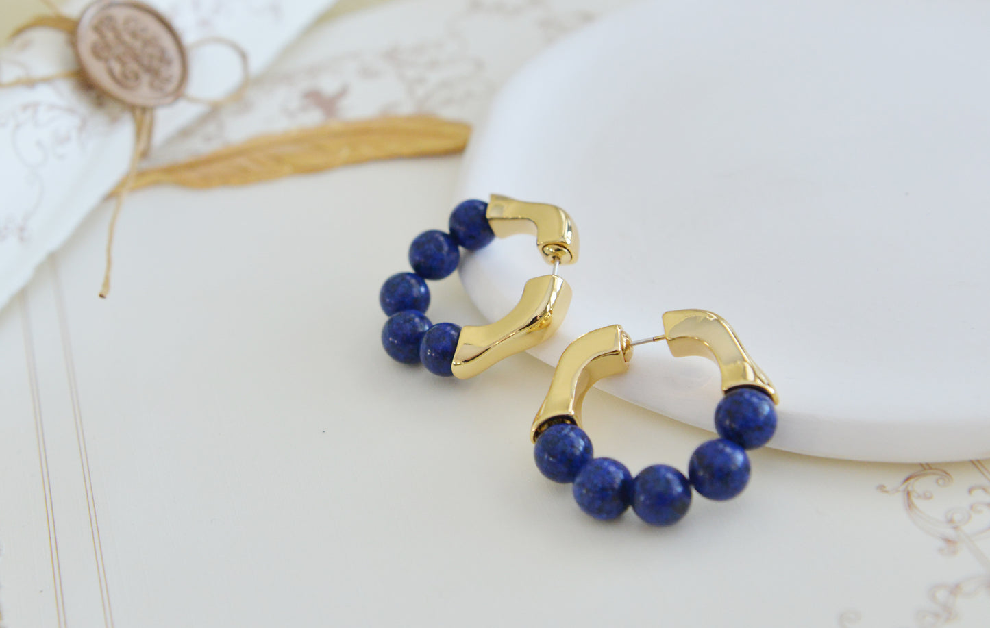 Handmade  Natural Gemstone/Lapis Lazuli Hoop Earrings/
