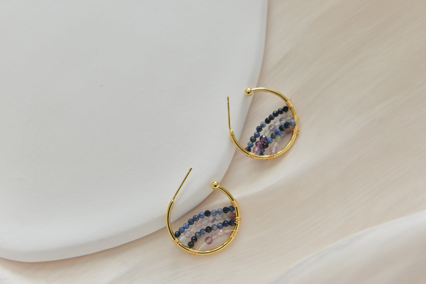 Handmade natural gemstone earring/cordierite +Kyanite hoop earrings