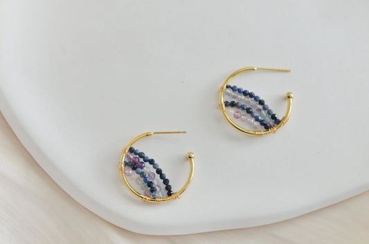 Handmade natural gemstone earring/cordierite +Kyanite hoop earrings