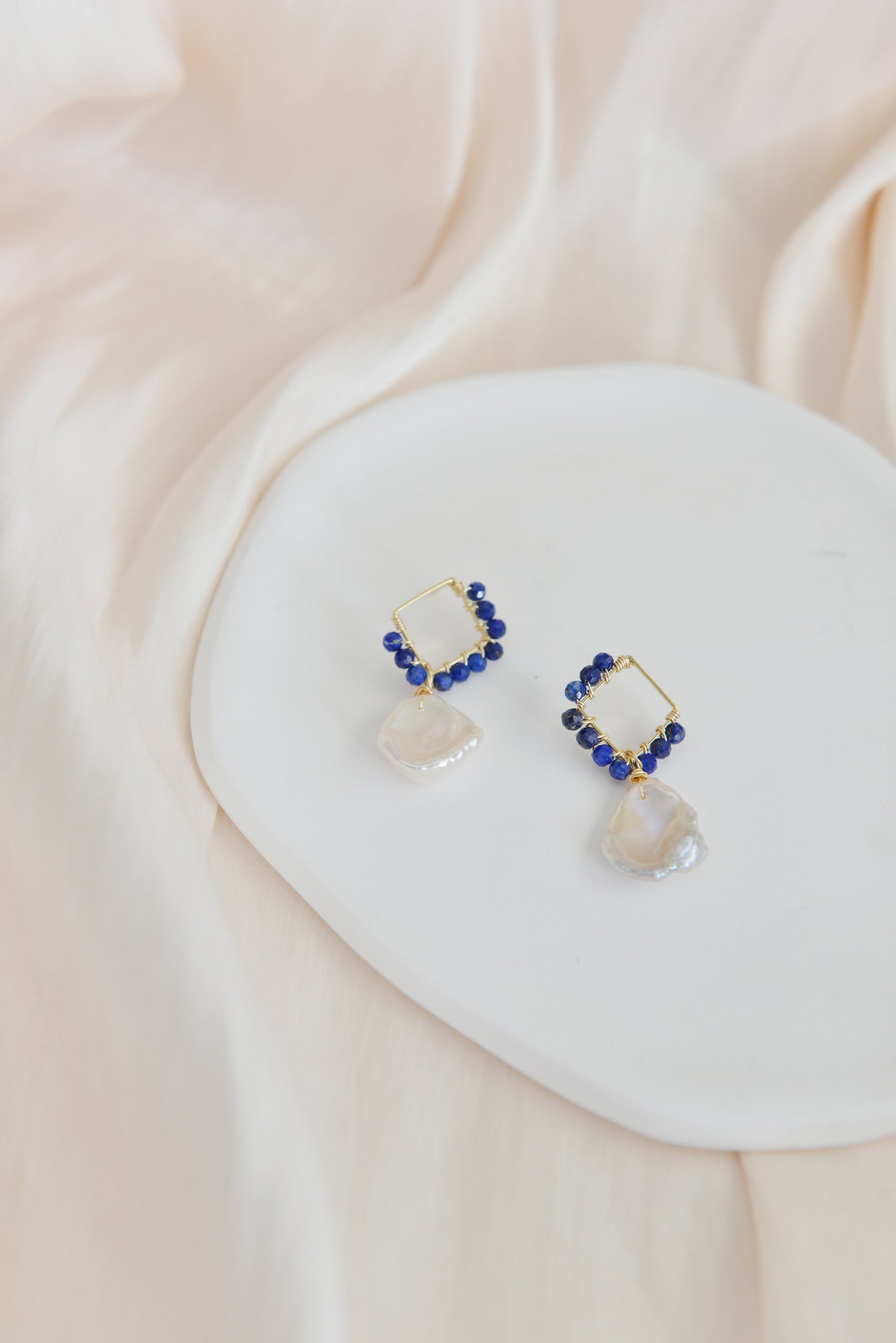 Handmade lapis lazuli +pearl earrings