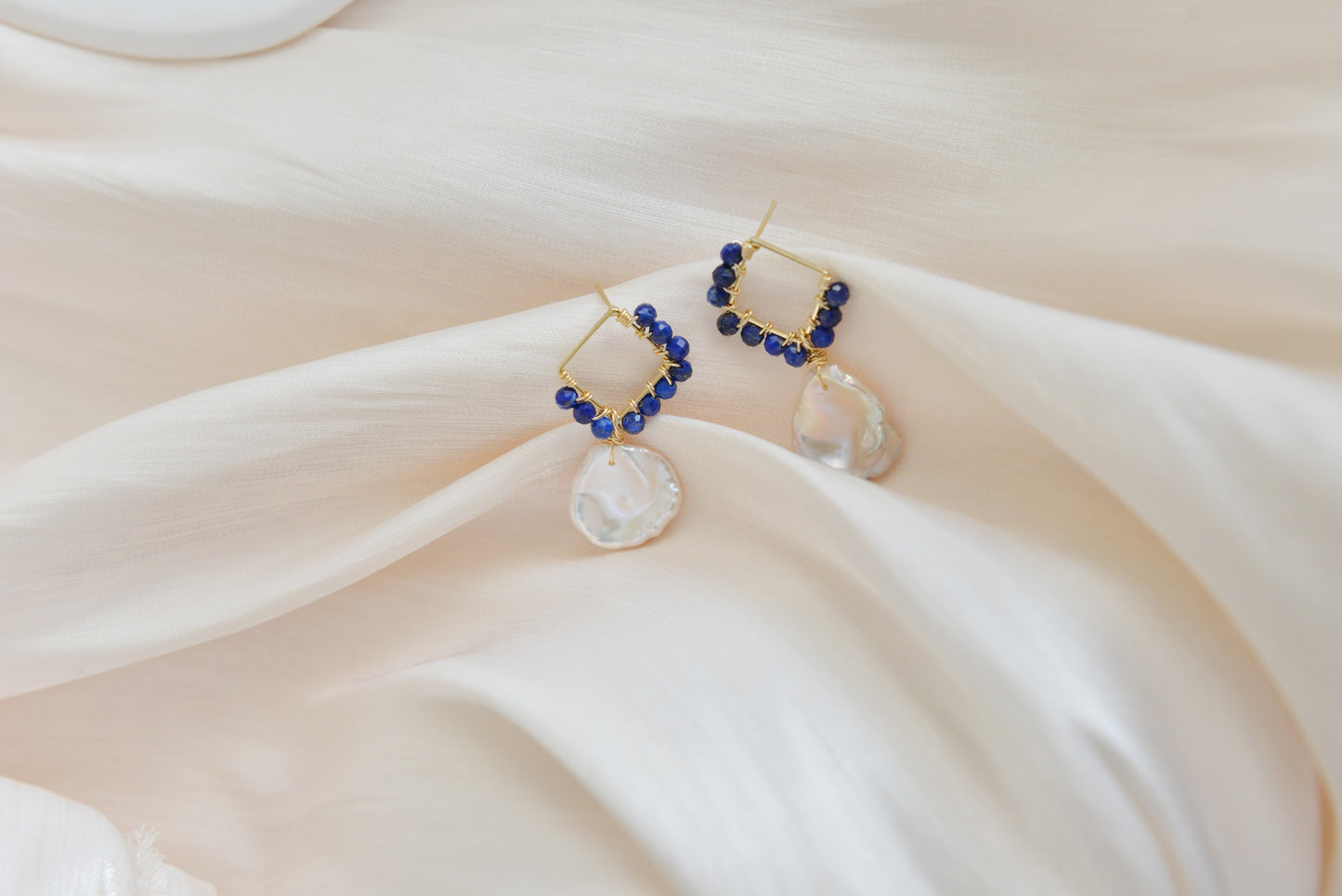 Handmade lapis lazuli +pearl earrings