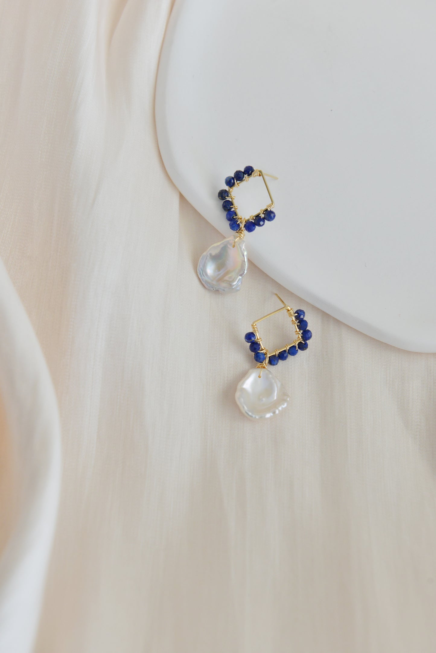 Handmade lapis lazuli +pearl earrings
