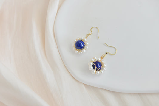 Handmade natural gemstone earrings/Natural lapis lazuli + natural pearl earrings/Sunflower gemstone drop earrings