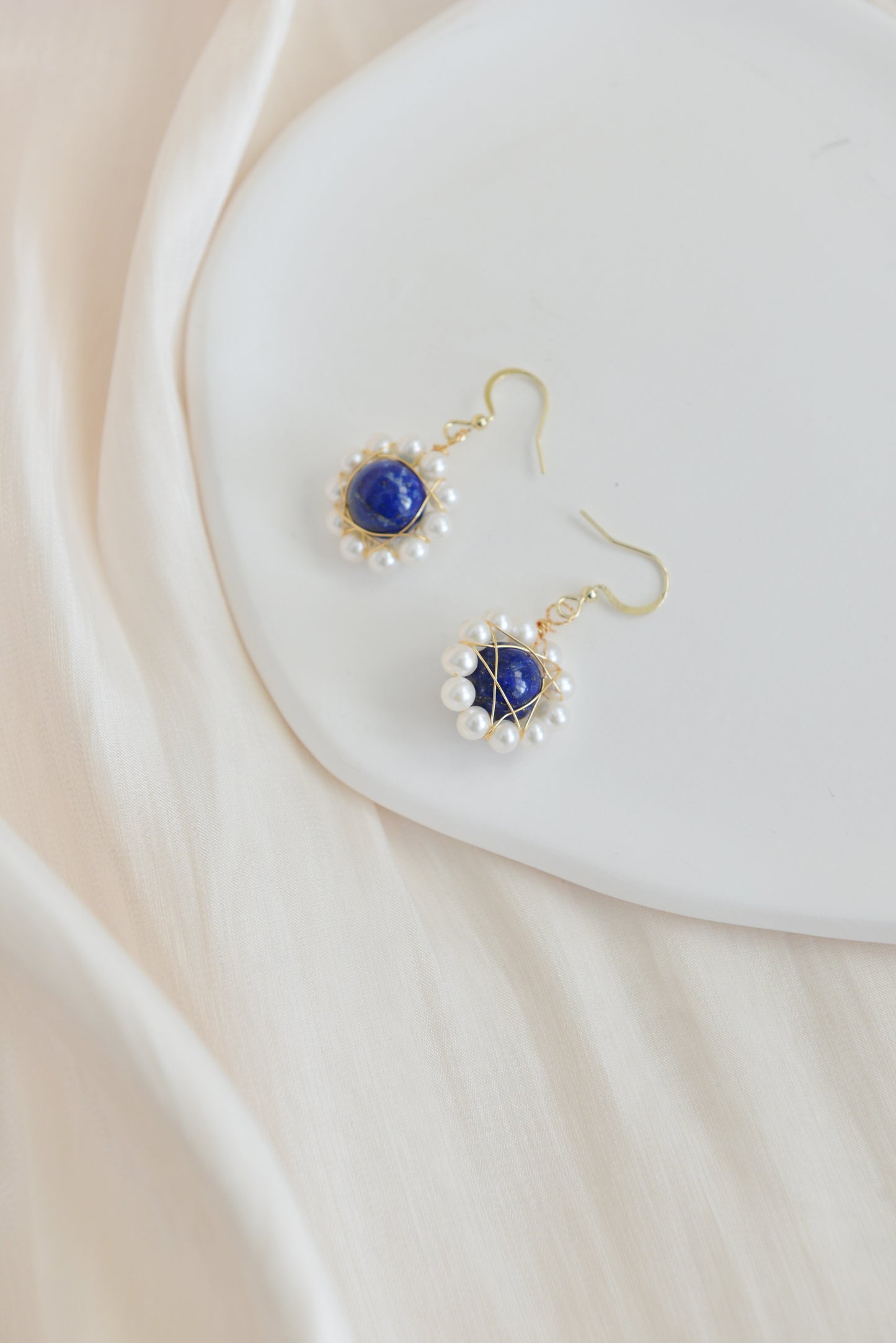 Handmade natural gemstone earrings/Natural lapis lazuli + natural pearl earrings/Sunflower gemstone drop earrings