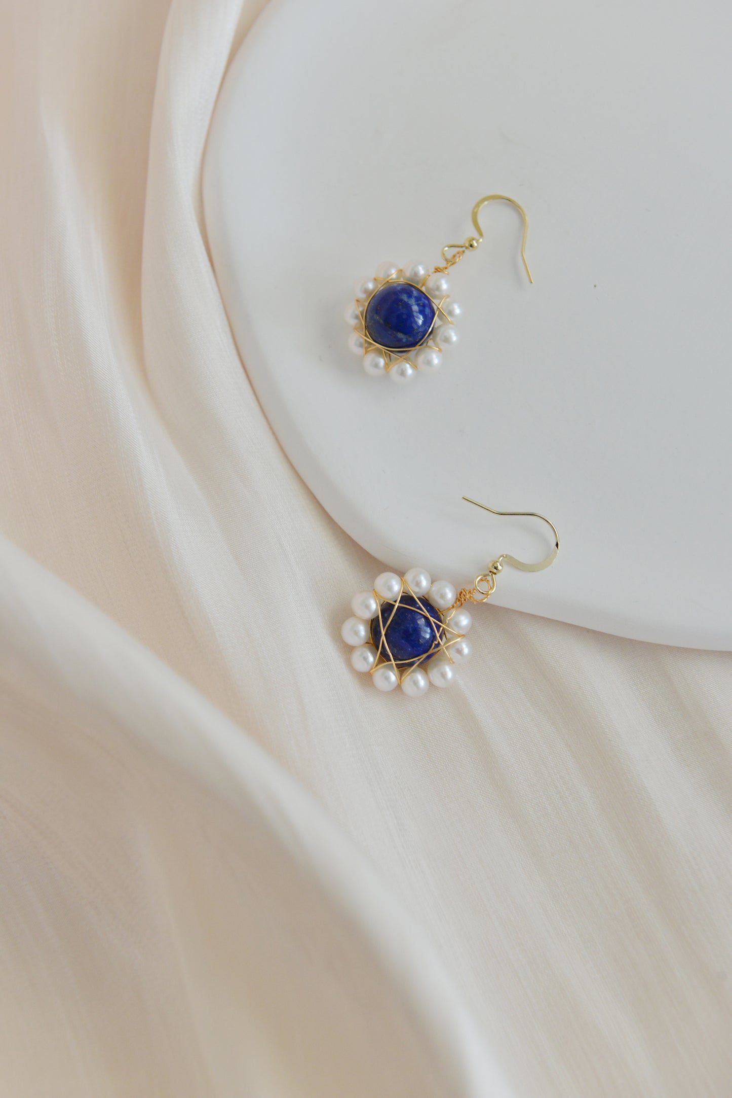 Handmade natural gemstone earrings/Natural lapis lazuli + natural pearl earrings/Sunflower gemstone drop earrings