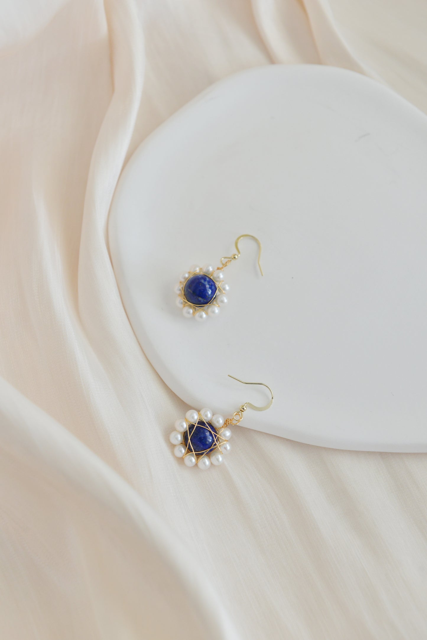 Handmade natural gemstone earrings/Natural lapis lazuli + natural pearl earrings/Sunflower gemstone drop earrings