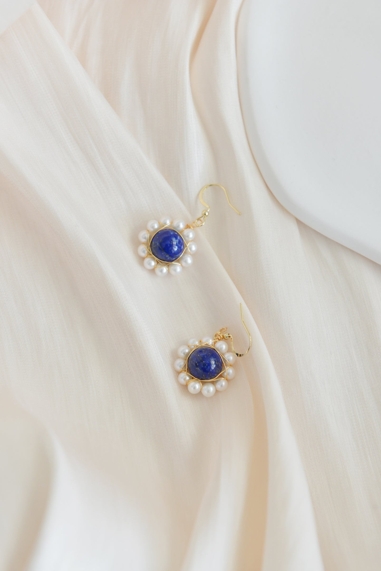 Handmade natural gemstone earrings/Natural lapis lazuli + natural pearl earrings/Sunflower gemstone drop earrings