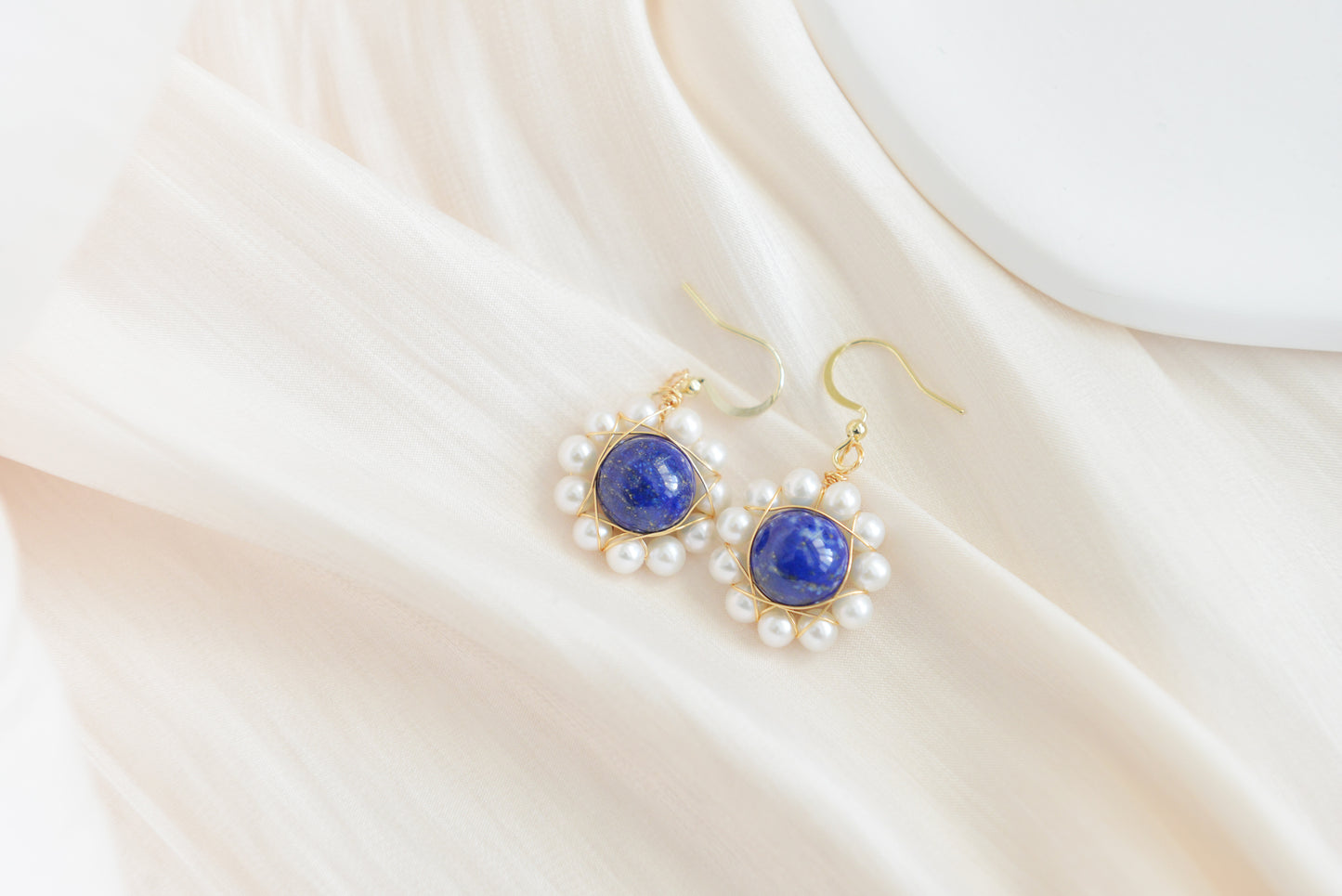 Handmade natural gemstone earrings/Natural lapis lazuli + natural pearl earrings/Sunflower gemstone drop earrings