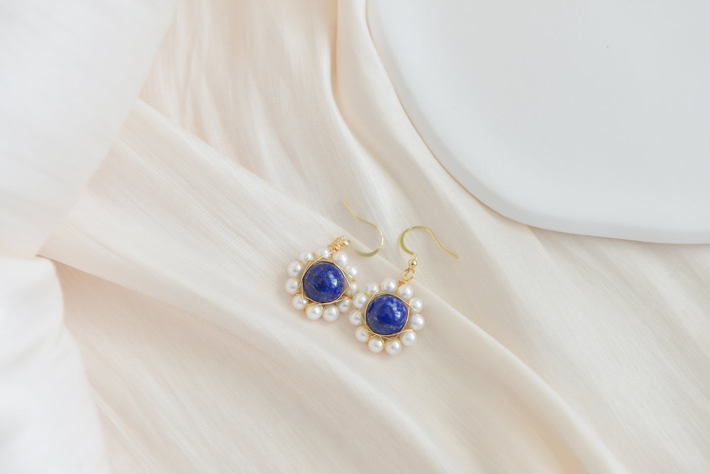 Handmade natural gemstone earrings/Natural lapis lazuli + natural pearl earrings/Sunflower gemstone drop earrings