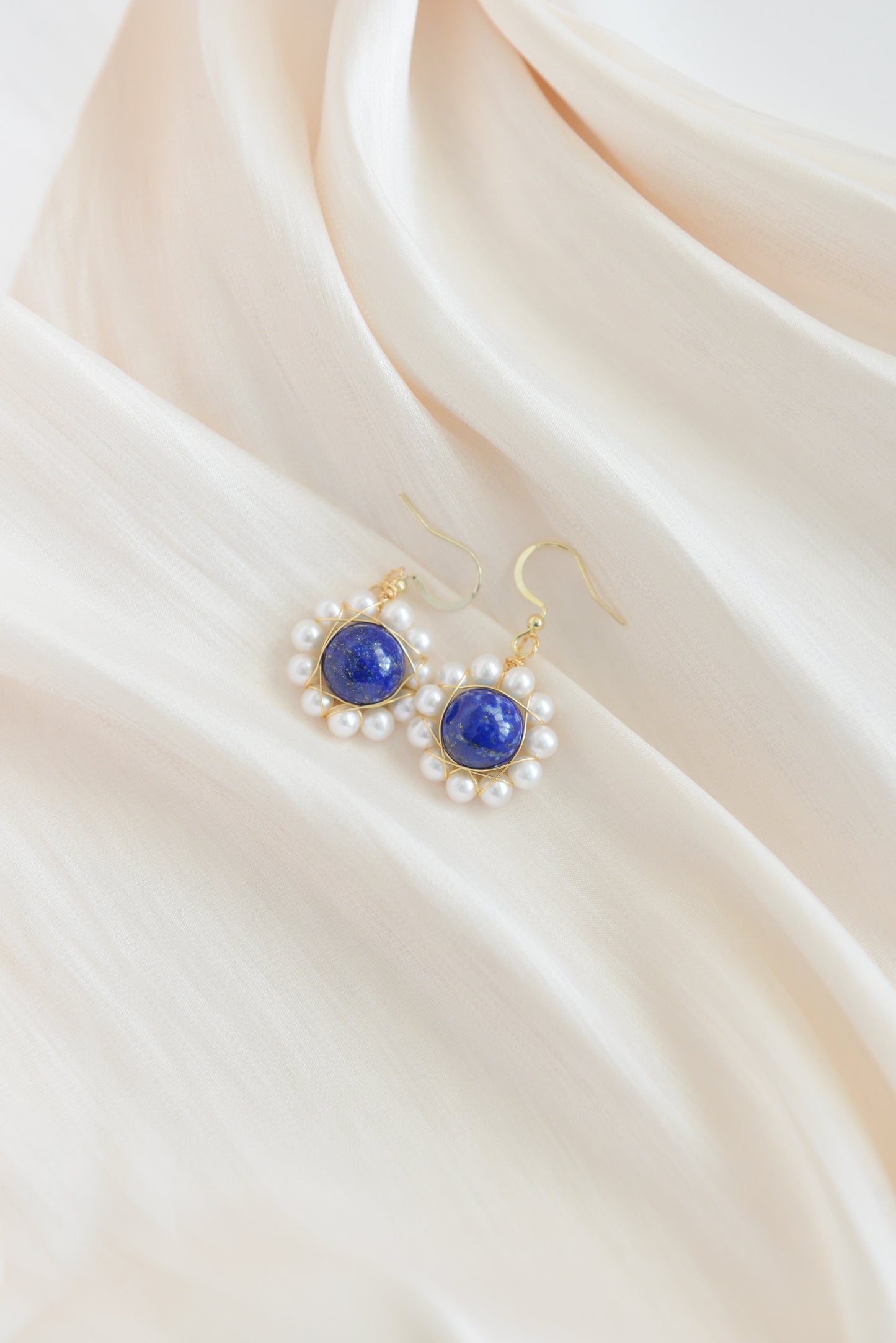 Handmade natural gemstone earrings/Natural lapis lazuli + natural pearl earrings/Sunflower gemstone drop earrings