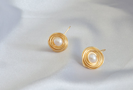 Handmade Bird Nest Earrings/ Brass Nest Earrings/Genuine Pearl Earrings