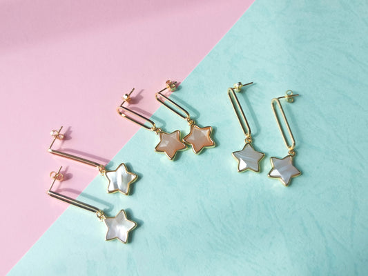 Handmade Natural Gemstone/Cute Star Earring /Rose Quartz earring/Blue lace agate earrings/white shell earrings/pin earrings,
