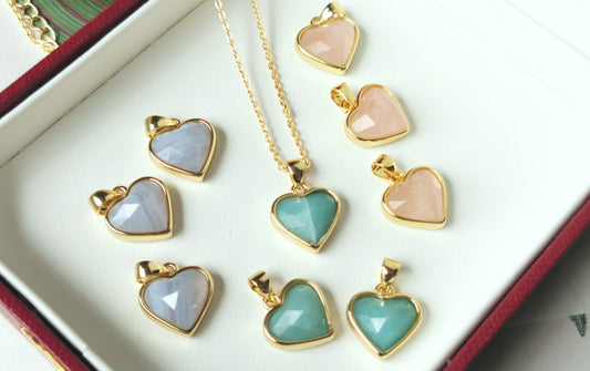 Handmade Natural Gemstone Necklace/ Heart Pendant Necklace/Rose Quartz Necklace/Amazonite Necklace/Blue Lace Agate Necklace/