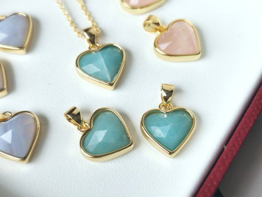 Handmade Natural Gemstone Necklace/ Heart Pendant Necklace/Rose Quartz Necklace/Amazonite Necklace/Blue Lace Agate Necklace/