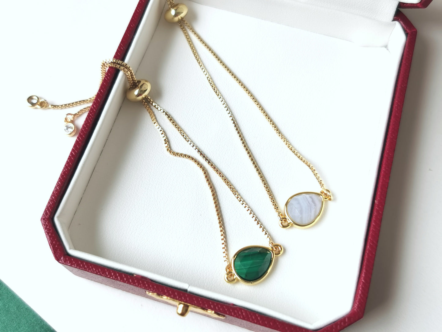Handmade natural gemstone Bracelet, Gold crystal Jewelry, Adjustable Bracelet,  Box Chain Bracelet, Celestial Jewelry, amazonite, malachite