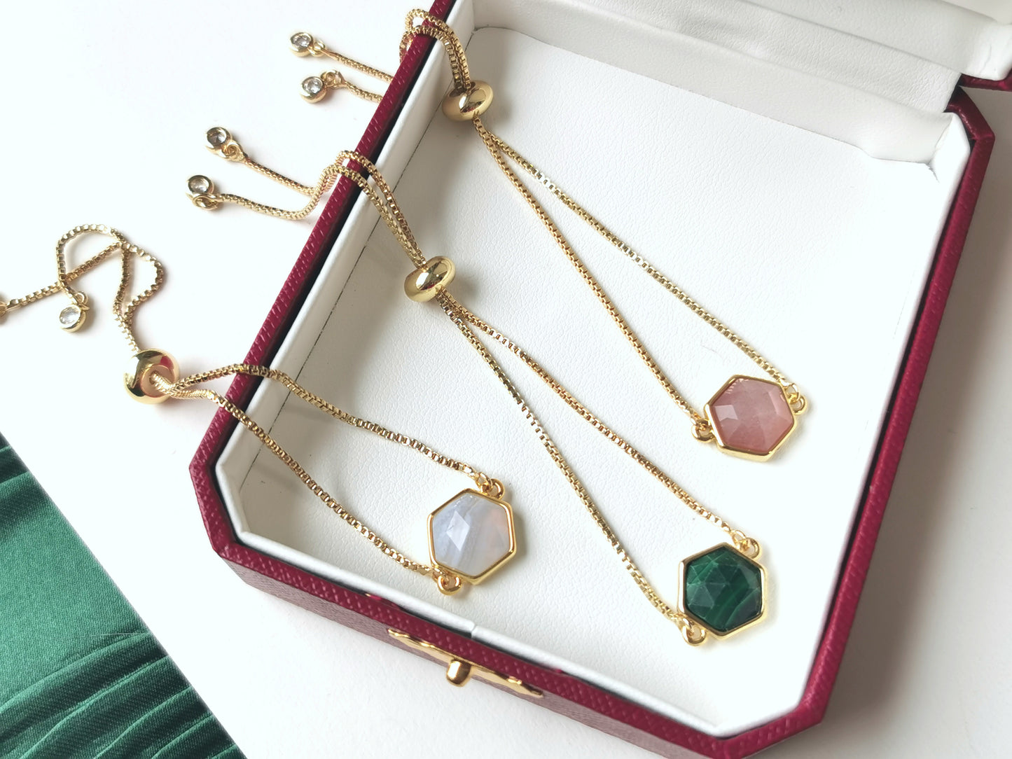 Handmade natural gemstone Bracelet, Gold crystal Jewelry, Adjustable Bracelet,  Box Chain Bracelet, Celestial Jewelry, amazonite, malachite
