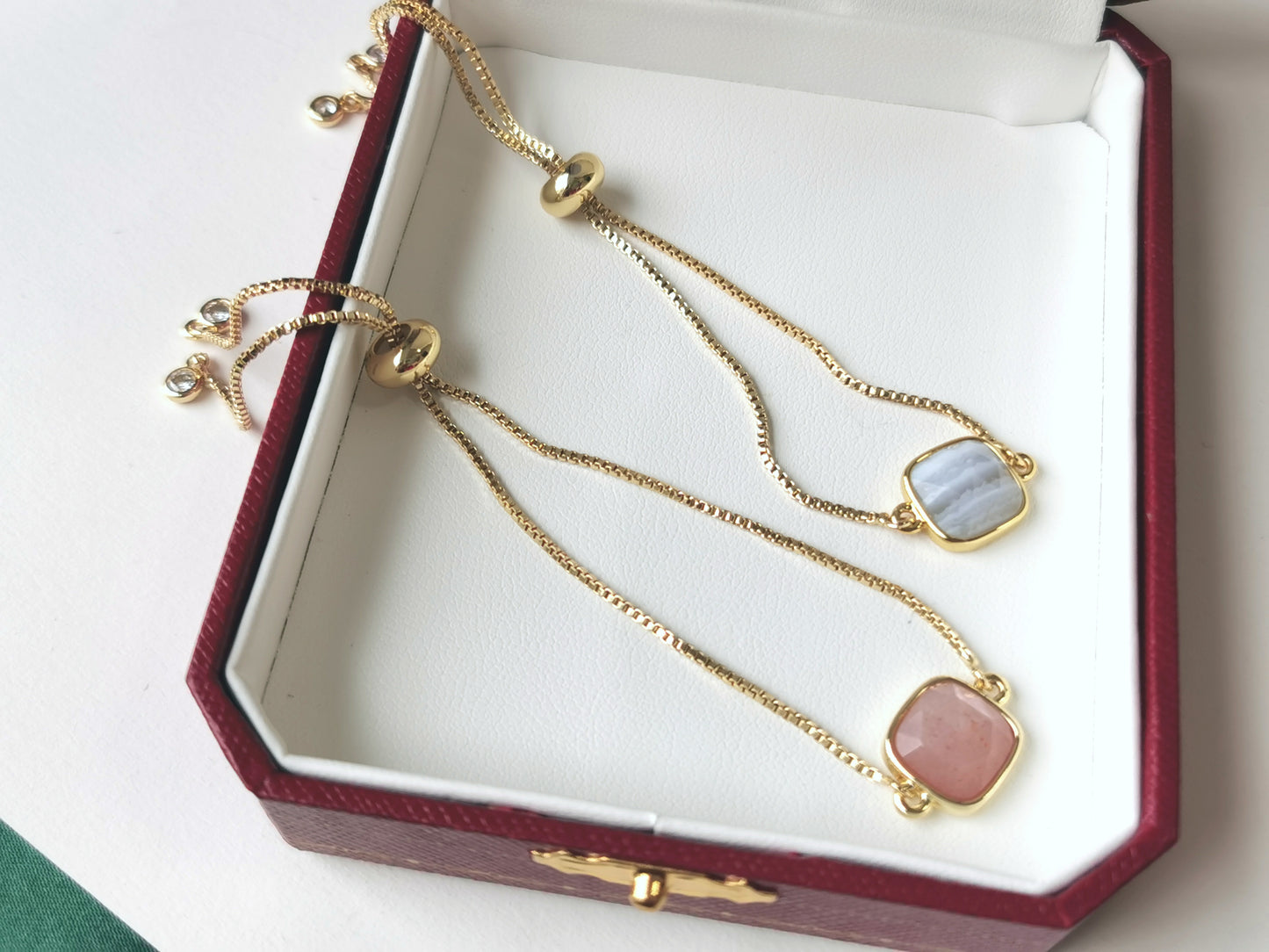 Handmade natural gemstone Bracelet, Gold crystal Jewelry, Adjustable Bracelet,  Box Chain Bracelet, Celestial Jewelry, amazonite, malachite