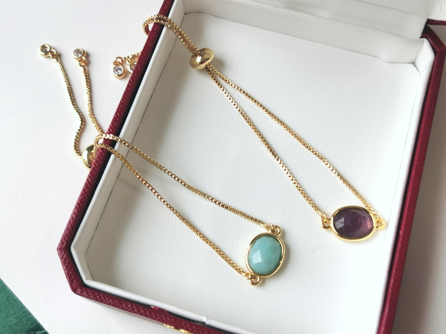 Handmade natural gemstone Bracelet, Gold crystal Jewelry, Adjustable Bracelet,  Box Chain Bracelet, Celestial Jewelry, amazonite, malachite