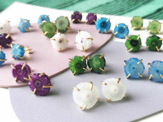 Handmade Natural Gemstone/Real Crystal Earrings/ blue Agate earrings/Purple Agate Earrings/Green Agate/Stub Earrings/Raw Agate Earrings
