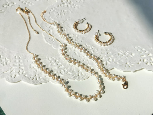 Handmade Freshwater Pearl Necklace/Pearl Choker/Pearl Bracelet/Pearl Earrings/Woven Pearl Choker Set/Real Pearl Jewelry/