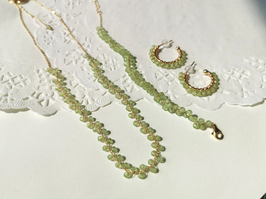 Handmade Natural Gemstone/ Real Crystal Woven Peridot Necklace/Peridot Bracelet/Peridot Earrings