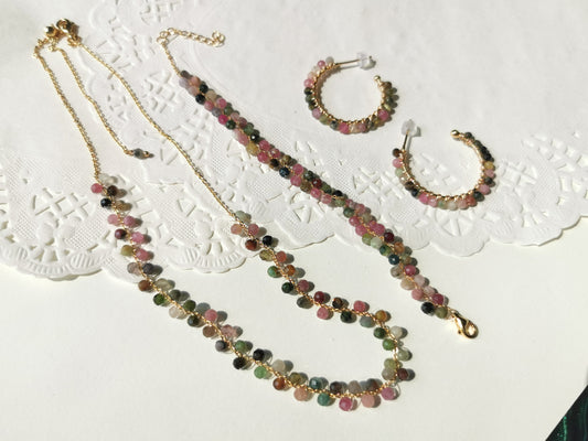 Handmade Natural Gemstone/ Real Crystal Jewelry/Tourmaline necklace/Tourmaline Bracelet/Tourmaline Earrings/October birthstone